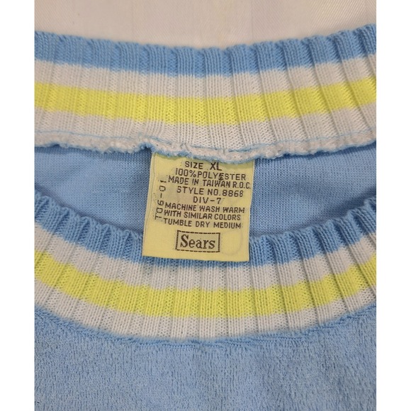 Vtg Sears Light Blue Terry Cloth Shirt XL Short Sleeve Striped Trim grandmacore - Picture 5 of 5